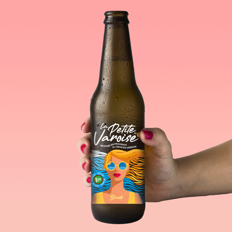 Animation présentant une bouteille de bière contenant des étiquettes réalisées pour la brasserie La Cig, étiquettes colorées et transparentes, réalisées par Yunaima Oyola Yo Design