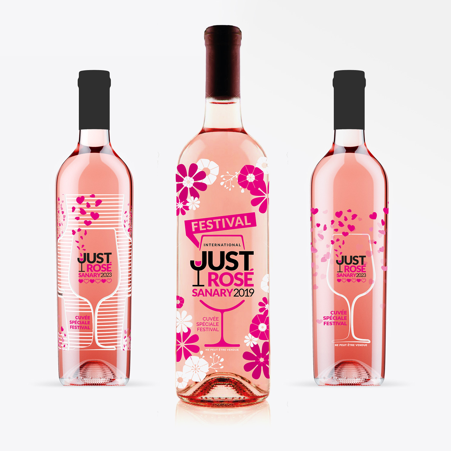 Étiquettes de vins transparentes du Festival International Just'Rosé à Sanary-sur-Mer réalisées par yo design, Yunaima Oyola.