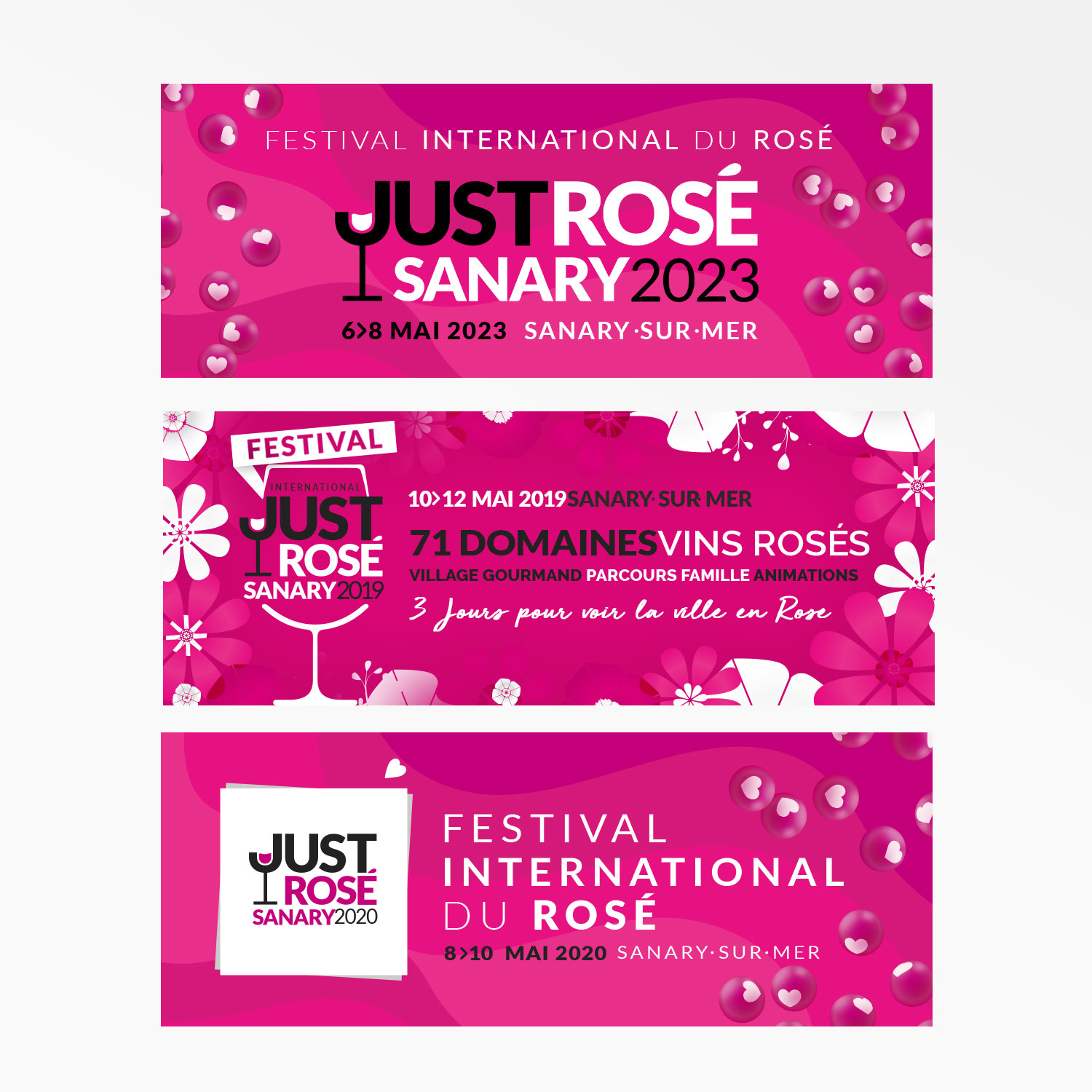 Supports de communication du Festival International Just'Rosé avec des créations graphiques et logos réalisés par yo design, Yunaima Oyola.