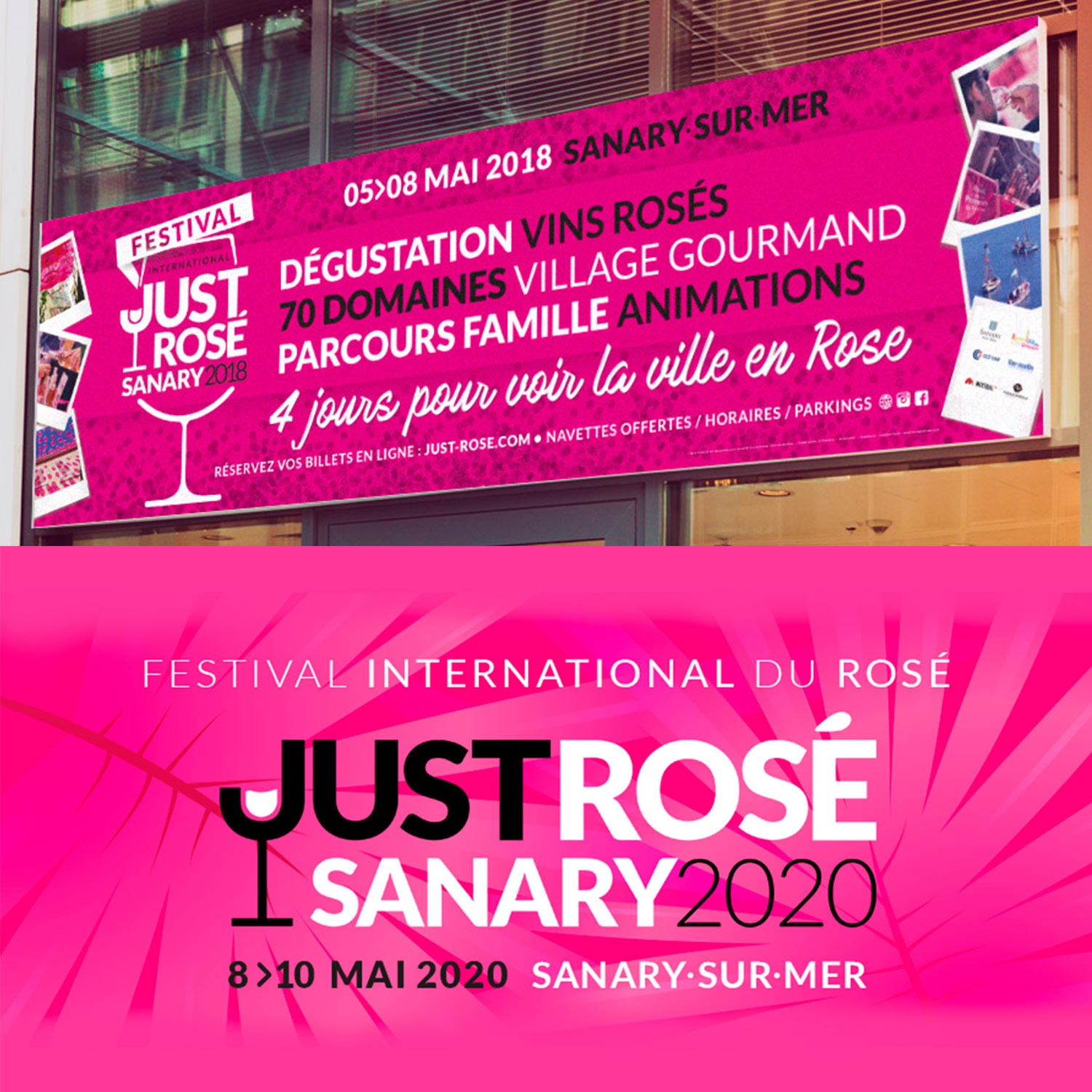 Affiches et bâches grand formats du Festival International Just'Rosé avec des créations graphiques et logos réalisés par yo design Yunaima Oyola