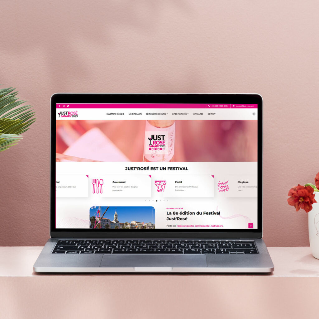 Création et mise en page du site internet du Festival International Just'Rosé, avec des créations graphiques et logos réalisés par yo design, Yunaima Oyola.