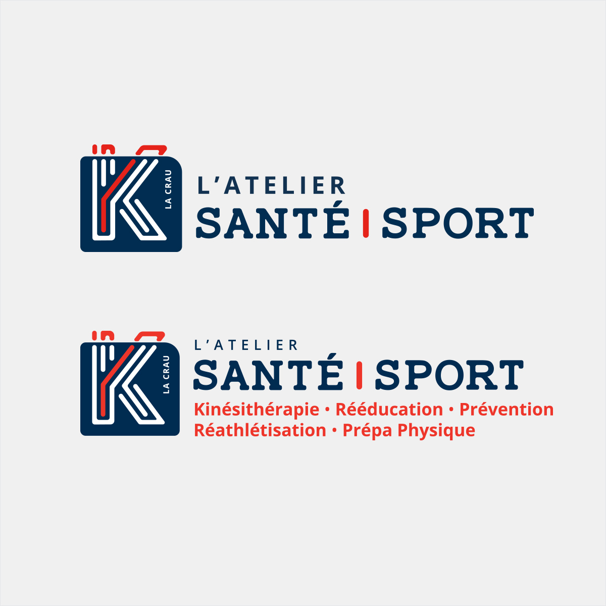 Logo bleu et orange aux formes arrondies et modernes pour K Santé Sport, cabinet de kinésithérapie situé à La Crau dans le Var, créé par Yunaima Oyola, Yo Design, graphiste et web-designer basée à Cherbourg-en-Cotentin