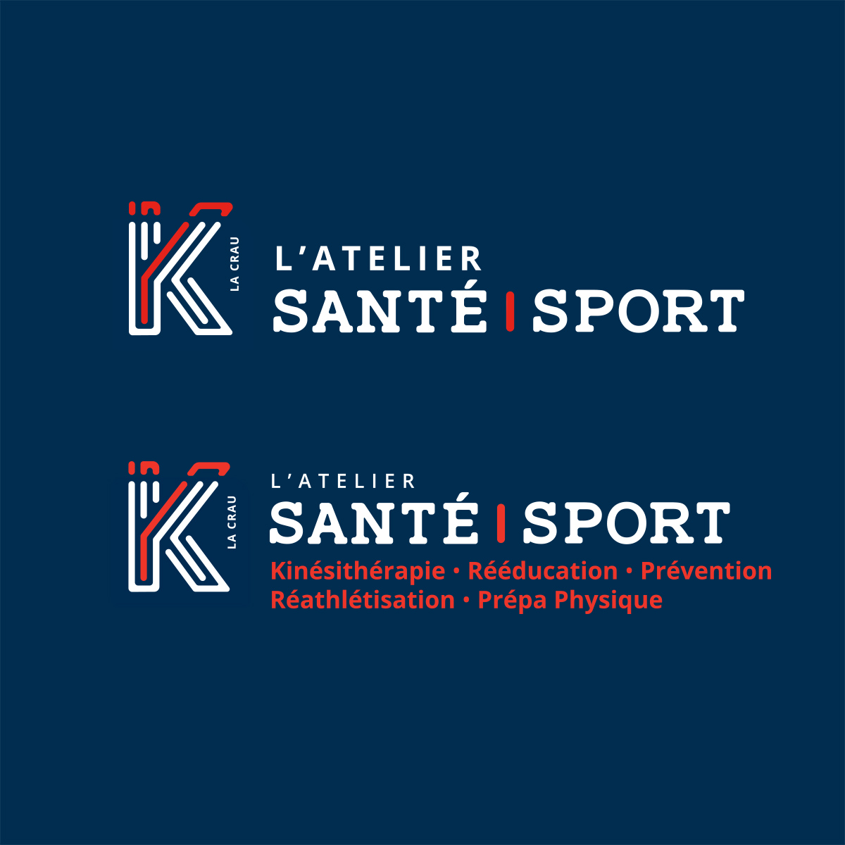 Logo bleu et orange aux formes arrondies et modernes pour K Santé Sport, cabinet de kinésithérapie situé à La Crau dans le Var, créé par Yunaima Oyola, Yo Design, graphiste et web-designer basée à Cherbourg-en-Cotentin