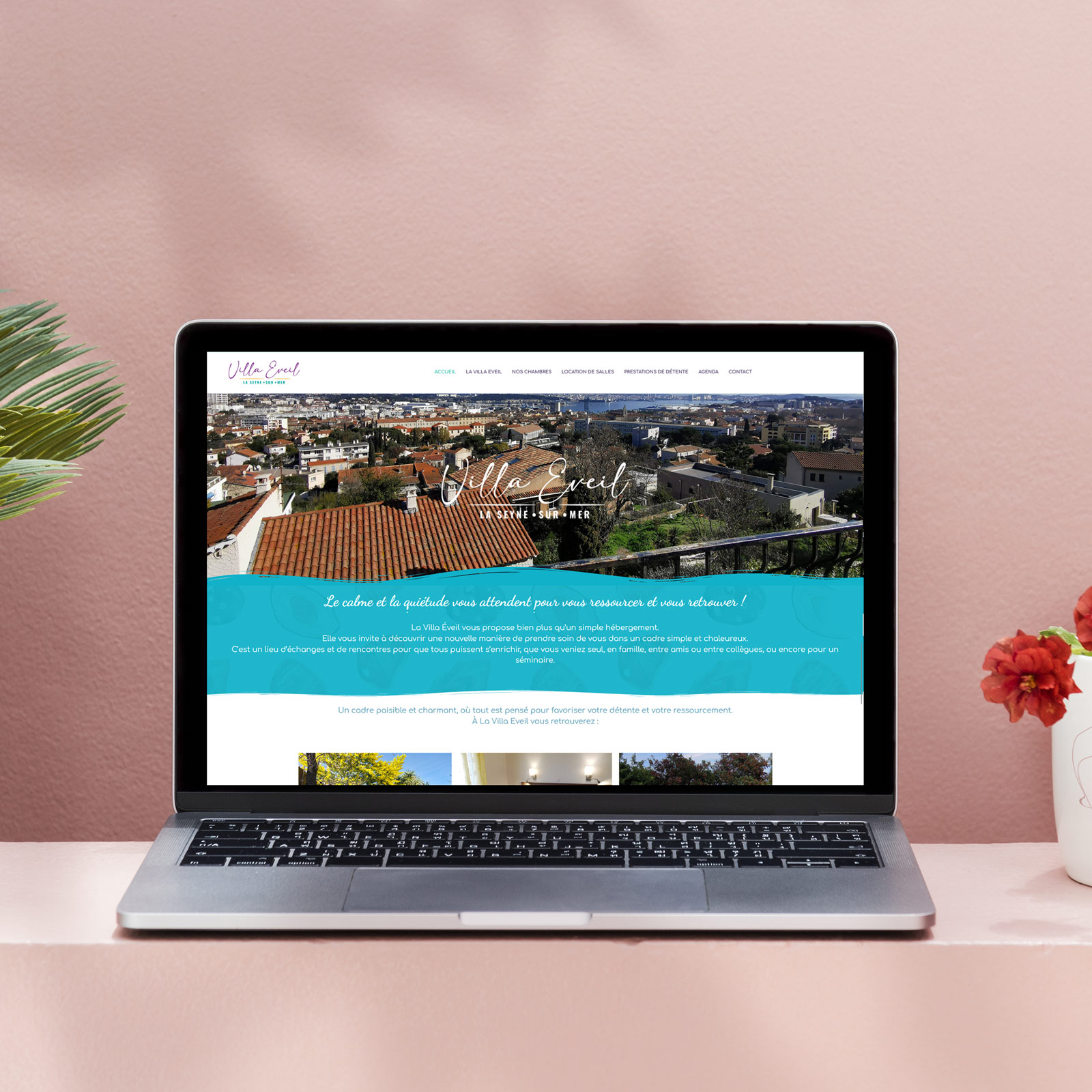 Site internet pour la Villa Eveil, un hébergement bien être holistique avec chambre d'hôtes vue sur mer, situé à La Seyne-sur-Mer, dans le Var. Ce site internet responsive a été créé par Yunaima Oyola, Yo Design, graphiste et web-designer basée à Cherbourg-en-Cotentin